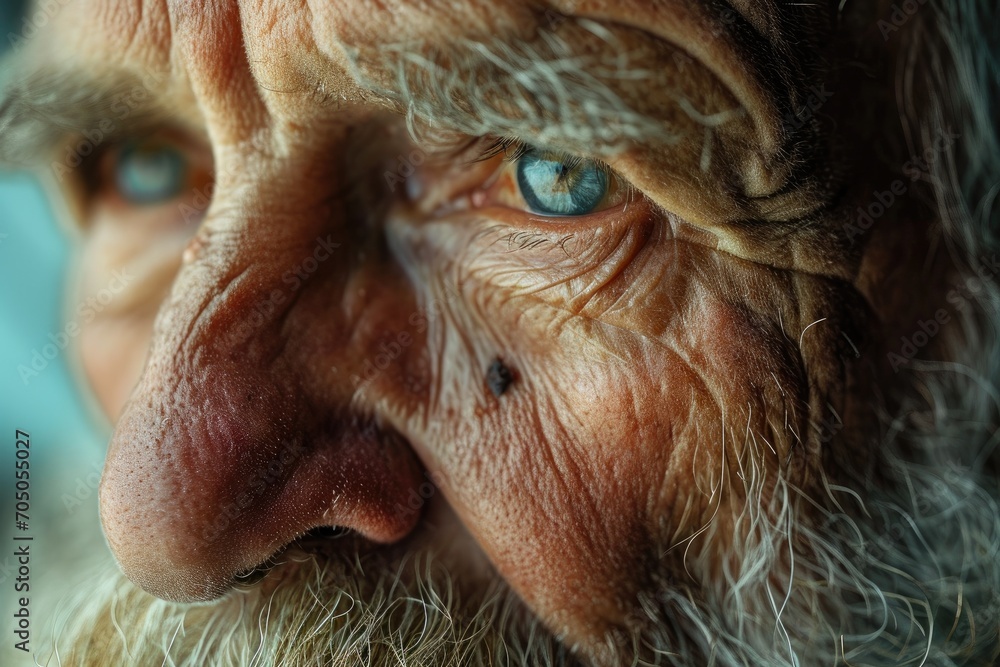 Through the deep crevices of his wrinkled skin, the portrait captures the wisdom and history etched into the closeup of the old man's face, his forehead bearing the marks of a life well-lived, his ey Through the deep crevices of his wrinkled skin, the portrait captures the wisdom and history etched into the closeup of the old man's face, his forehead bearing the marks of a life well-lived, his ey