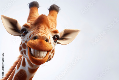photorealistic mid portrait of a giraffe with a big teeth smile and huge eyes on a white background. ai generative