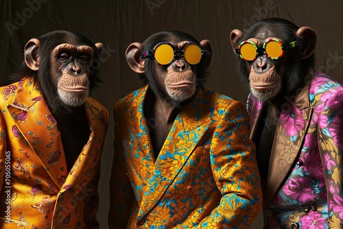 A playful group of primates dressed to impress, sporting vibrant attire and shades, giving off a cool and confident vibe in an indoor setting with a hint of human-like characteristics