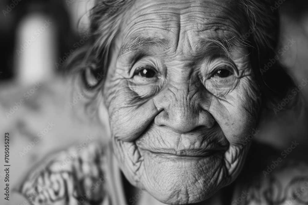Through the monochromatic lens, the portrait reveals the delicate wrinkles and wise expression of a senior citizen, capturing the raw beauty of a human face