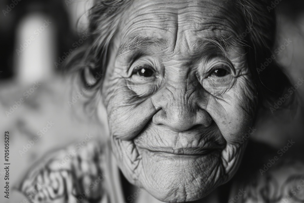 Through the monochromatic lens, the portrait reveals the delicate wrinkles and wise expression of a senior citizen, capturing the raw beauty of a human face Through the monochromatic lens, the portrait reveals the delicate wrinkles and wise expression of a senior citizen, capturing the raw beauty of a human face