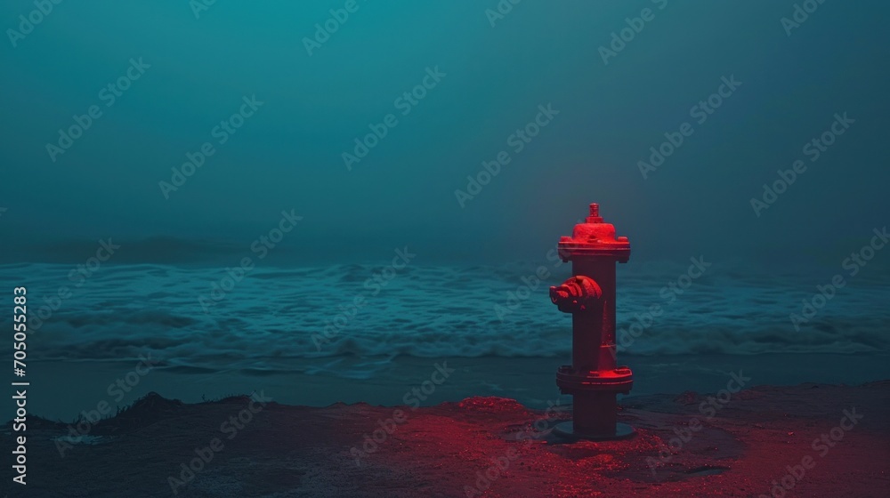 A solitary red fire hydrant stands against a moody, misty seascape, creating a striking contrast and narrative.