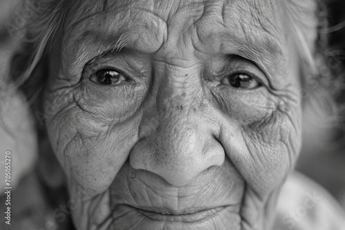 A weathered face tells the story of a life full of experience and wisdom, as wrinkles and monochrome tones add depth to the portrait of an elderly woman gazing thoughtfully into the distance