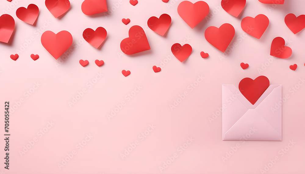 Saint Valentine day holiday background with envelope, paper card and various red hearts for love romantic message on pink pastel background Saint Valentine day holiday background with envelope, paper card and various red hearts for love romantic message on pink pastel background