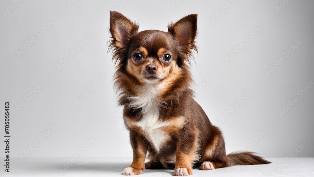 Fototapeta premium Chocolate long coat chihuahua dog on grey background