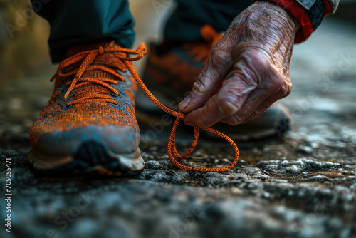 A close-up photo of an elderly person's hands tying running shoes, focusing on the action and the texture of the shoes photo