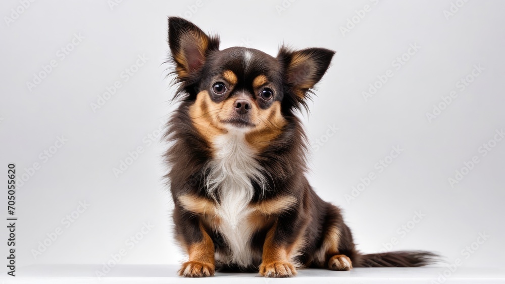 Fototapeta premium Chocolate long coat chihuahua dog on grey background