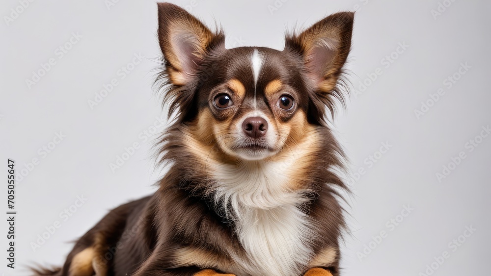 Chocolate long coat chihuahua dog on grey background Chocolate long coat chihuahua dog on grey background