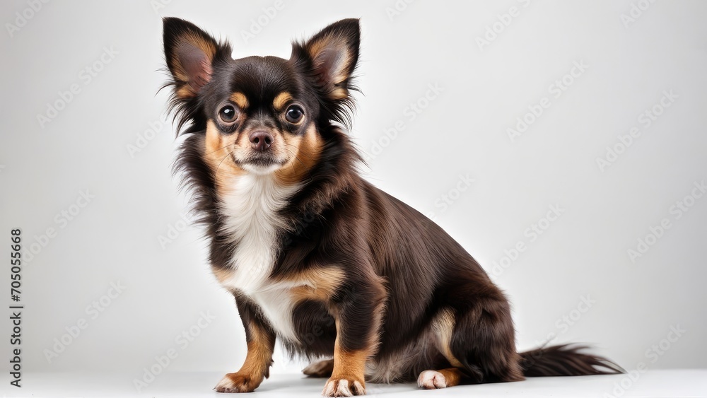 Chocolate long coat chihuahua dog on grey background Chocolate long coat chihuahua dog on grey background