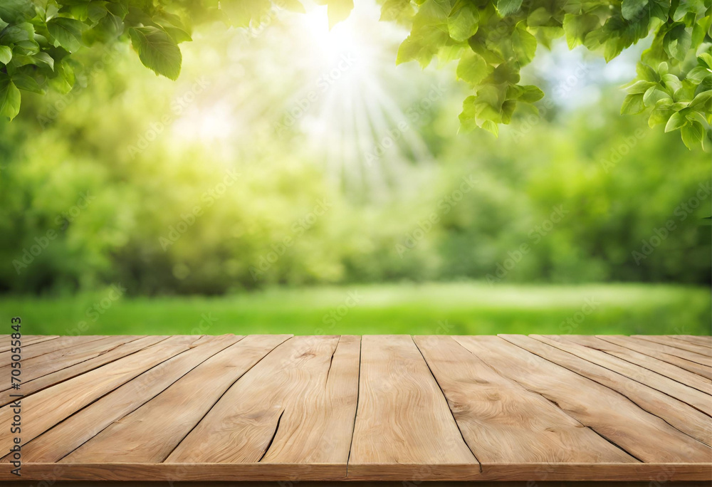 Wooden table surface with a vibrant green garden background, excellent for presentations, v2 Wooden table surface with a vibrant green garden background, excellent for presentations, v2