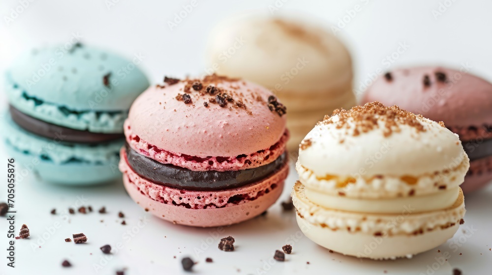 Colourful macarons on white background. French cuisine, macaroon bakery concept