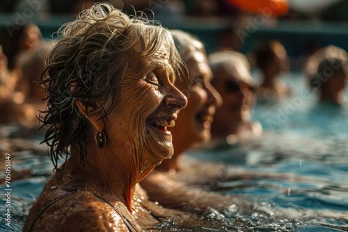 A photo of a group of elderly women in a water aerobics class  laughing and enjoying the exercise  shot with vibrant colors