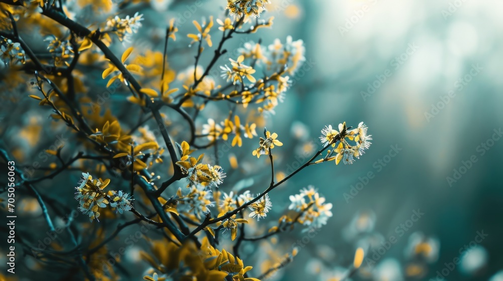 Beautiful white and yellow flowers blooming on a tree. Perfect for nature-themed designs and springtime concepts