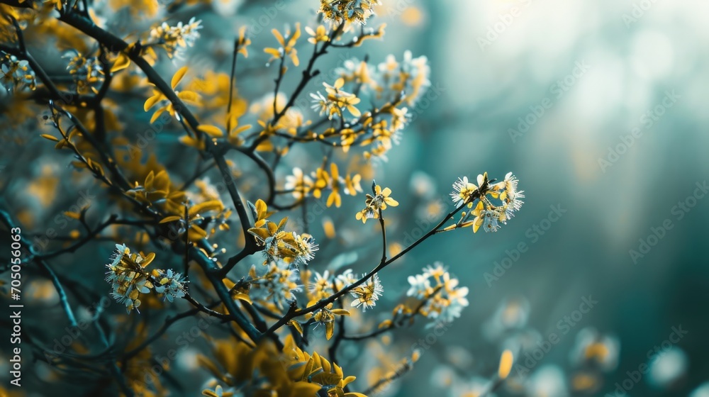 Beautiful white and yellow flowers blooming on a tree. Perfect for nature-themed designs and springtime concepts
