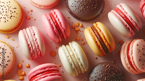 Colourful macarons sweet dessert on pastel background. French cuisine, macaroon bakery concept