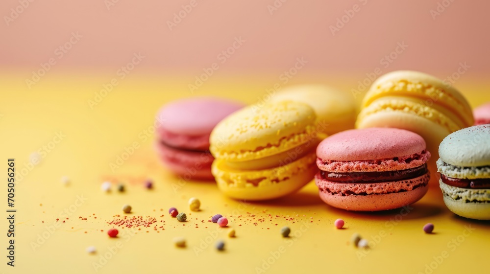 Colourful macarons sweet dessert on pastel background with free place for text. French cuisine, macaroon bakery concept Colourful macarons sweet dessert on pastel background with free place for text. French cuisine, macaroon bakery concept