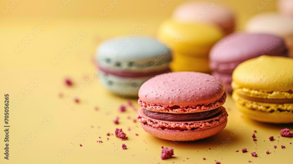 Colourful macarons sweet dessert on pastel background with free place for text. French cuisine, macaroon bakery concept Colourful macarons sweet dessert on pastel background with free place for text. French cuisine, macaroon bakery concept