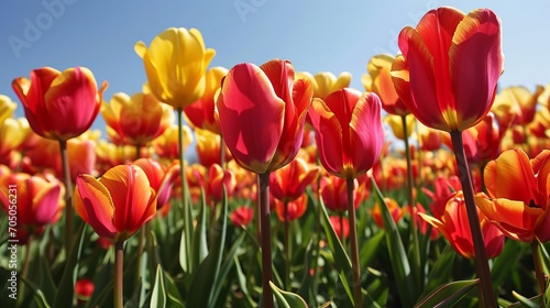 Vibrant Field of Red and Yellow Tulips in Full Bloom on a Sunny Day