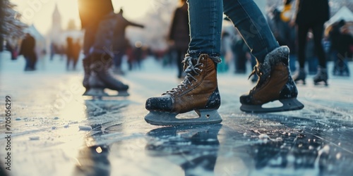 Ice skates up close on a wet surface. Ideal for winter sports or ice skating themed designs photo