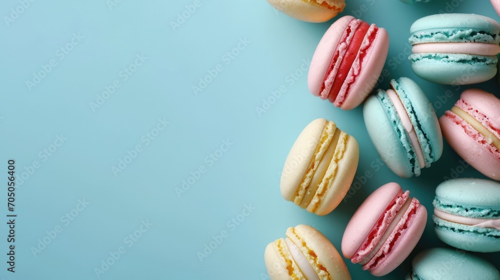 Colourful macarons sweet dessert on pastel background with free place for text. French cuisine, macaroon bakery concept Colourful macarons sweet dessert on pastel background with free place for text. French cuisine, macaroon bakery concept