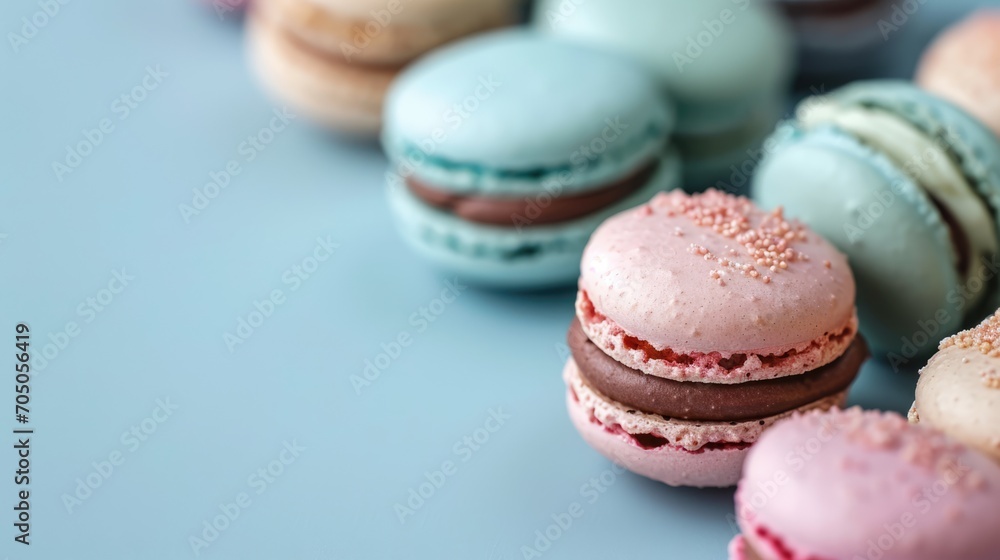 Colourful macarons sweet dessert on pastel background with free place for text. French cuisine, macaroon bakery concept Colourful macarons sweet dessert on pastel background with free place for text. French cuisine, macaroon bakery concept