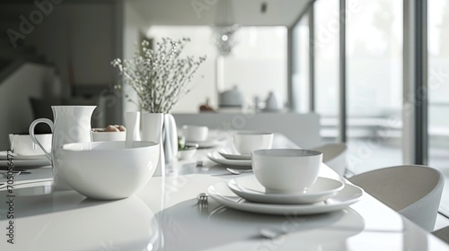 A simple and elegant white table with cups and saucers. Perfect for showcasing a variety of beverages and creating a cozy atmosphere