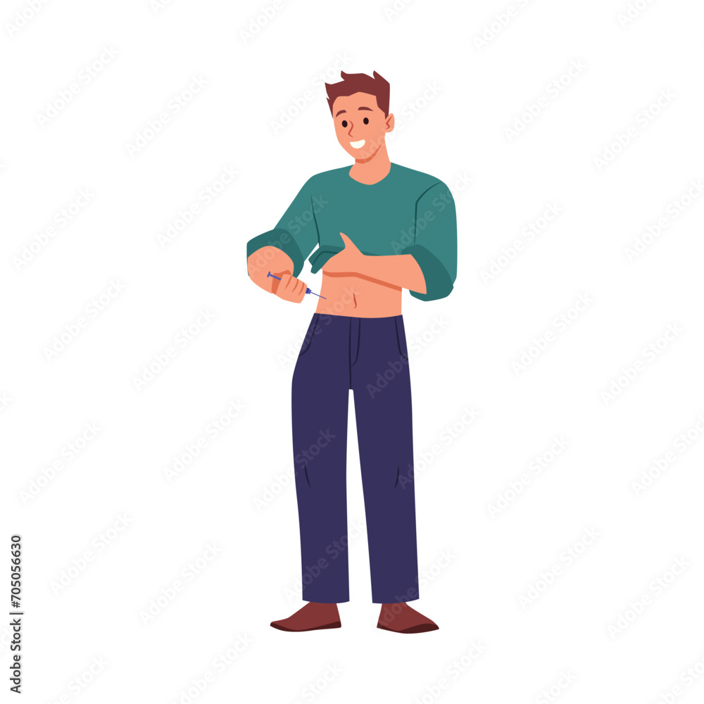 Standing young man doing self injection. Standing young man doing self injection.