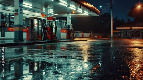 A gas station at night with a reflection on the wet ground. Perfect for illustrating urban landscapes or nighttime city scenes