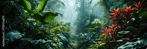 Lush tropical rainforest bathed in beams of sunlight, highlighting the diversity of green foliage and red tropical plants photo