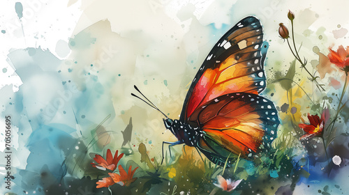 A vibrant watercolor illustration of a butterfly on flowers, symbolizing spring or transformation photo