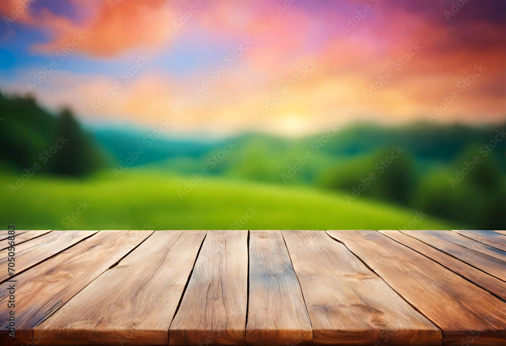 Wooden table surface with a vibrant green garden background, excellent for presentations, v2