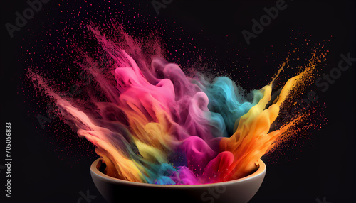 Illustration of bowl with holi dust splashing on isolated black background, Ai generated image
