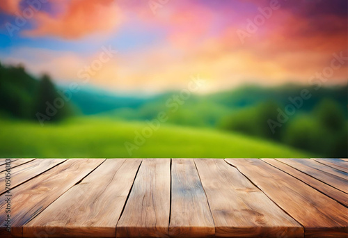 Wooden table surface with a vibrant green garden background, excellent for presentations, v2