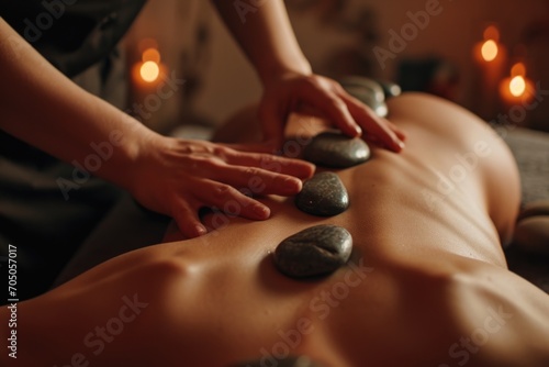 Vászonkép A man is shown receiving a hot stone massage at a spa