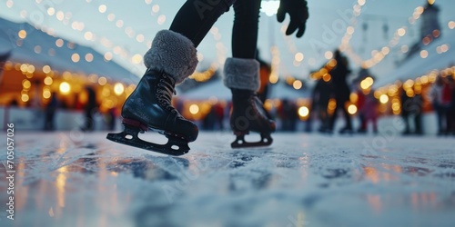 A detailed close-up of a person's legs wearing ice skates. Ideal for winter sports and recreational activities