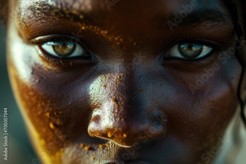 Close up view of a person's face with dirt on it. This image can be used to depict hardship, poverty, or the effects of manual labor