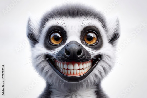 photorealistic portrait of a lemur with a big teeth smile and huge eyes on a white background. ai generative photo