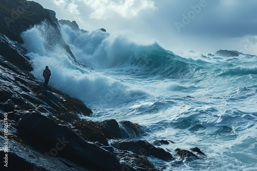 Stormy sea with large waves crashing on the rocks in the foreground