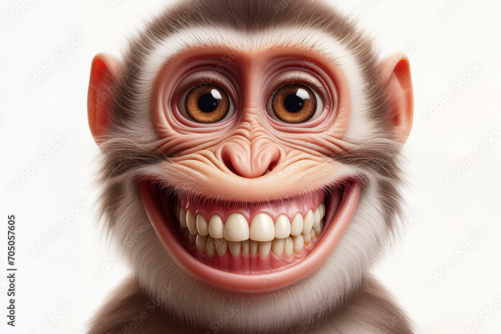 Naklejka premium photorealistic portrait of a monkey with a big teeth smile and huge eyes on a white background. ai generative