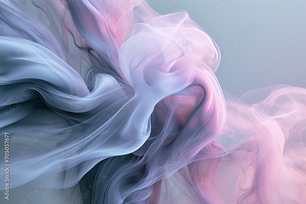 Fototapeta premium Gentle caress of pastel smoke, a ballet of pink and blue hues creating a soft, flowing veil of color in a serene abstract composition