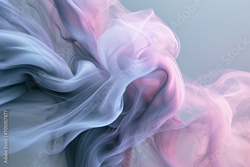 Gentle caress of pastel smoke, a ballet of pink and blue hues creating a soft, flowing veil of color in a serene abstract composition