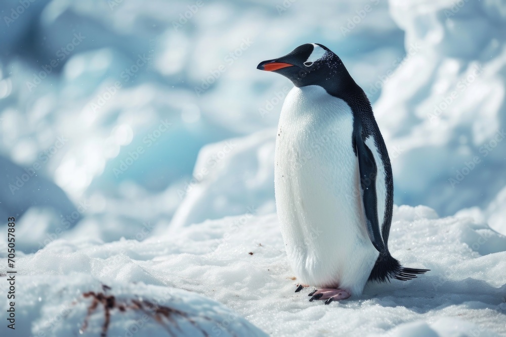 Fototapeta premium A penguin standing on top of snow covered ground. Perfect for winter-themed designs and nature illustrations