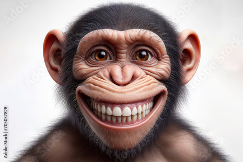 photorealistic portrait of a monkey with a big teeth smile and huge eyes on a white background. ai generative photo