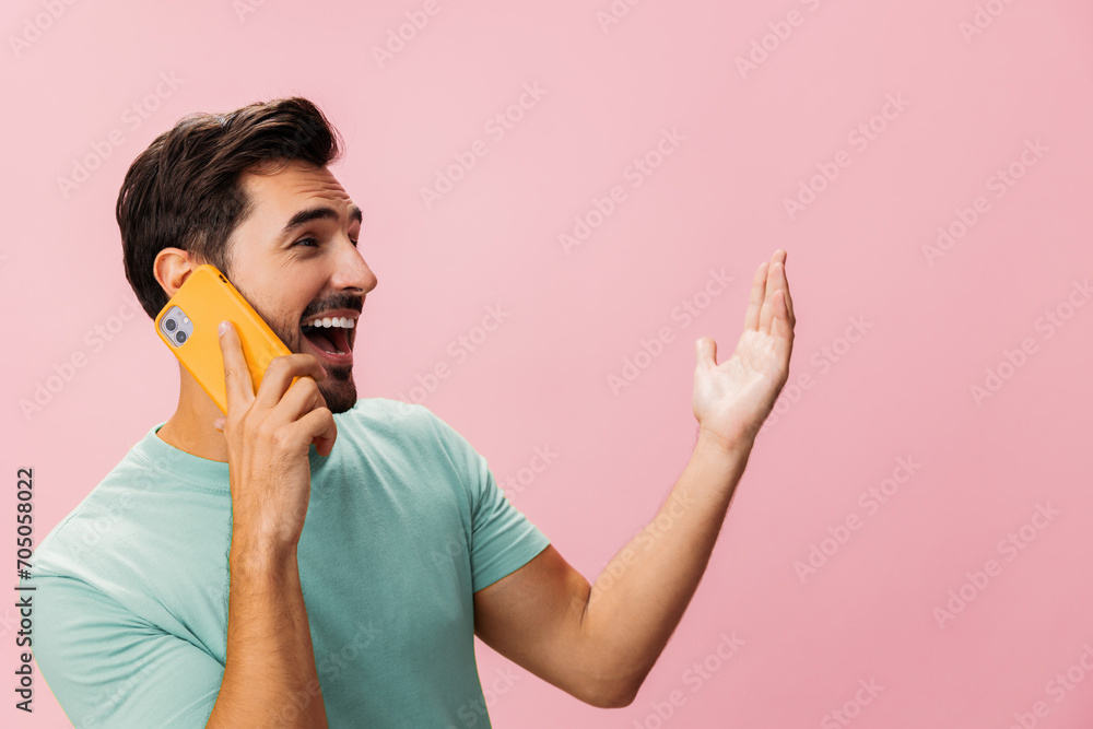 Portrait man cyberspace background holding phone happy communication lifestyle Portrait man cyberspace background holding phone happy communication lifestyle