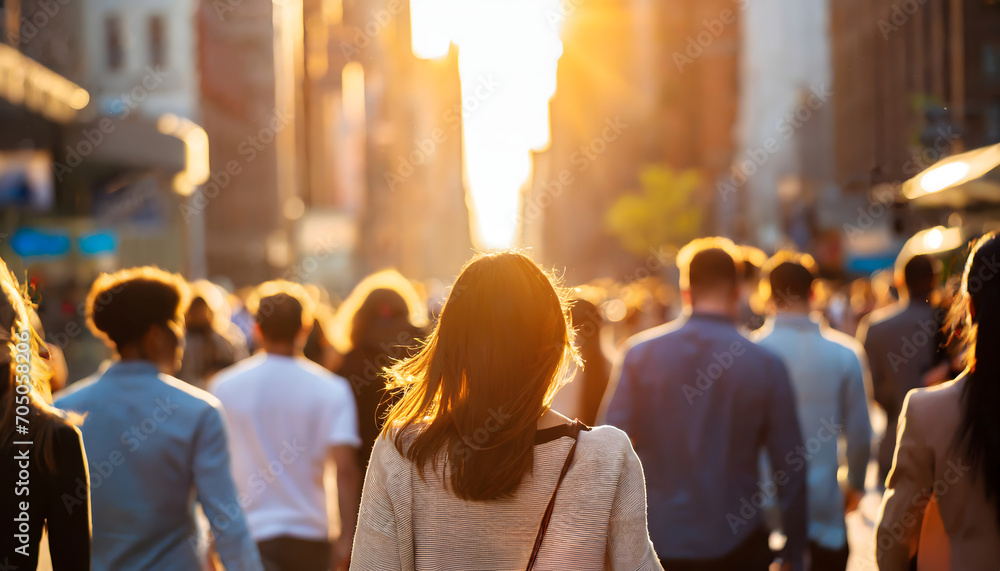 Young woman walking among anonymous crowd of people in the city. Concept of city life style.