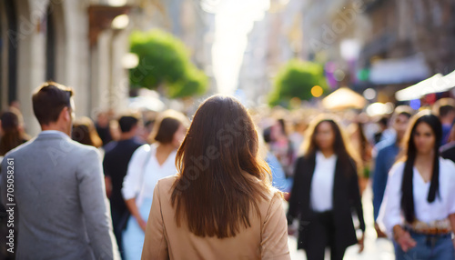Young woman walking among anonymous crowd of people in the city. Concept of city life style.
