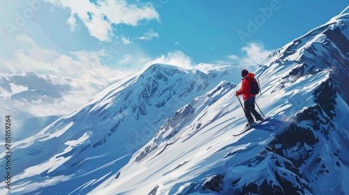 A man stands on top of a snow covered mountain. This image can be used to depict adventure, achievement, and the beauty of nature