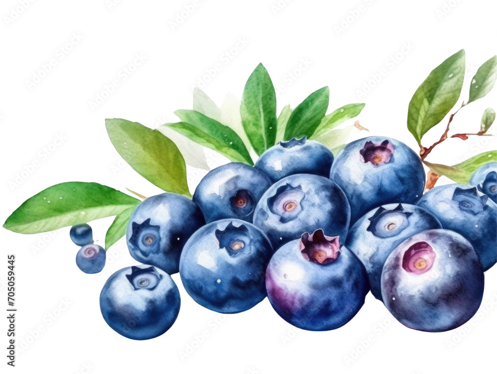 Fototapeta premium A watercolor painting of a cluster of blueberries on a branch with green leaves, detailed and vibrant against a white background