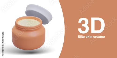 Elite skin cream in orange bottle with open cap. Poster with cosmetic product, place for text, and white and orange background. Vector 3d illustration with shadow