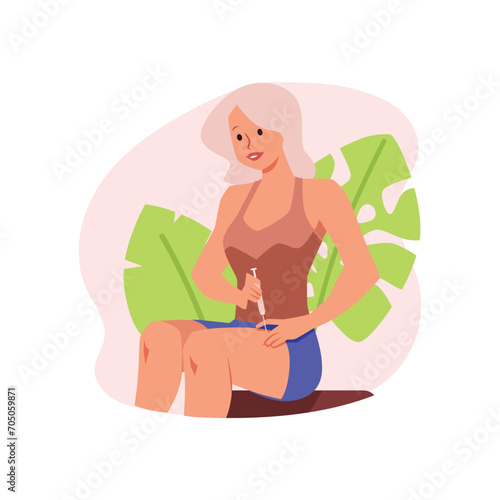 Girl do self injection in thigh vector illustration.